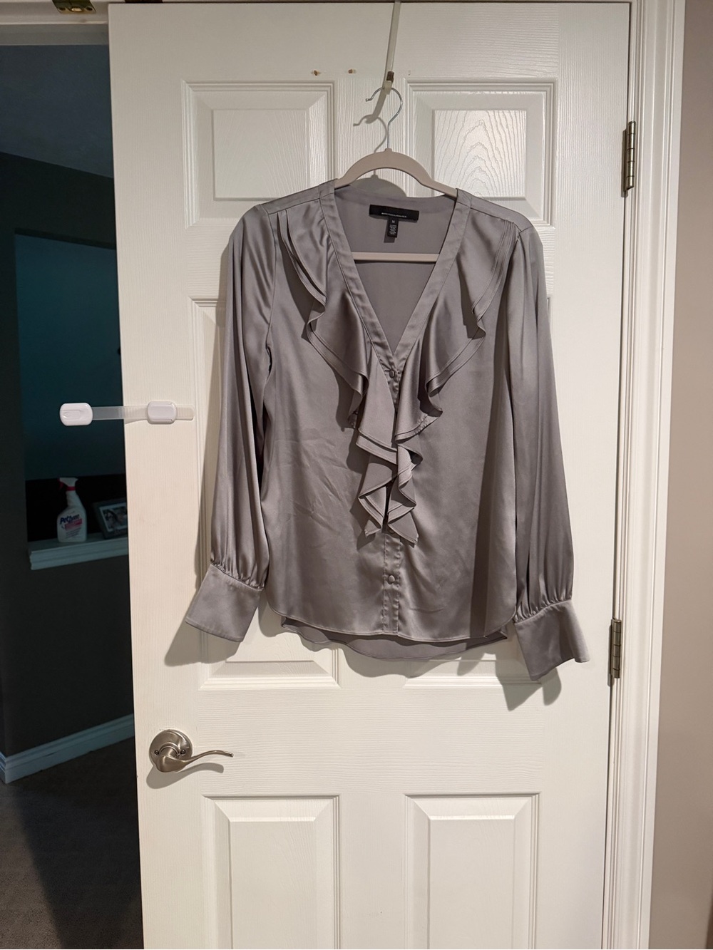 White House Black Market Silver Satin Ruffle V-Neck Blouse